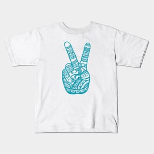 Boho Polynesian Tattoo Peace Sign Hand - Teal Kids T-Shirt